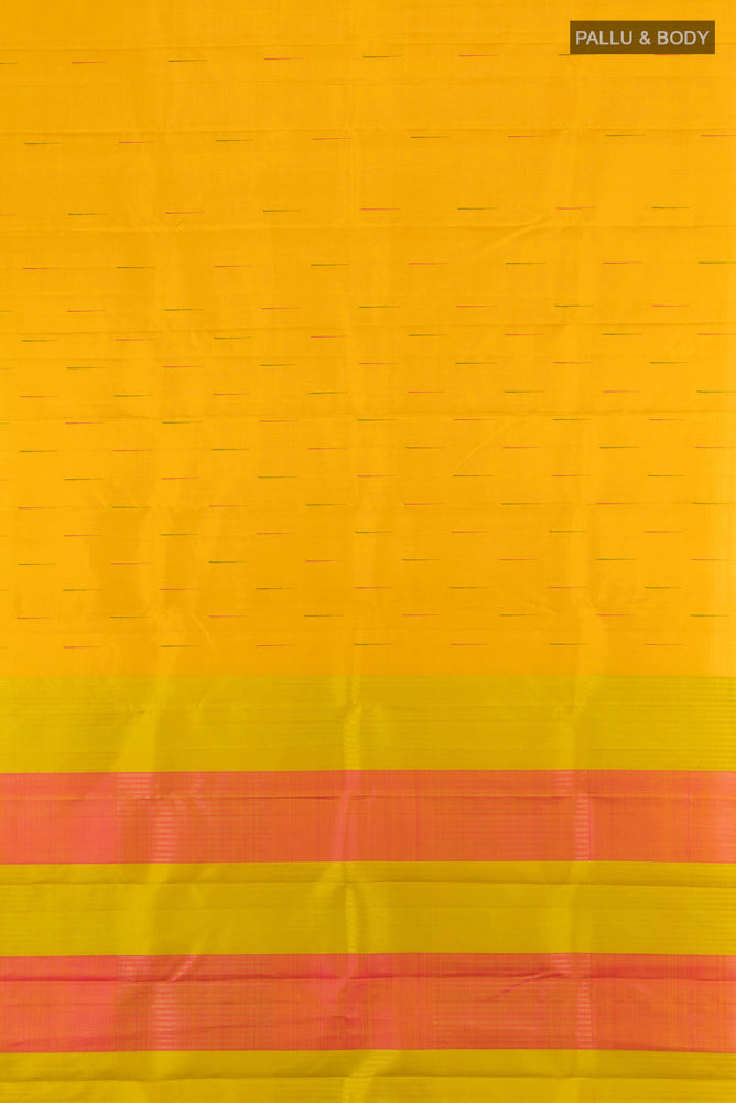 Flat view of Pure Silk Pure Zari Mustard Kanjivaram Saree with Zari Butta on the body and Silk Border. 