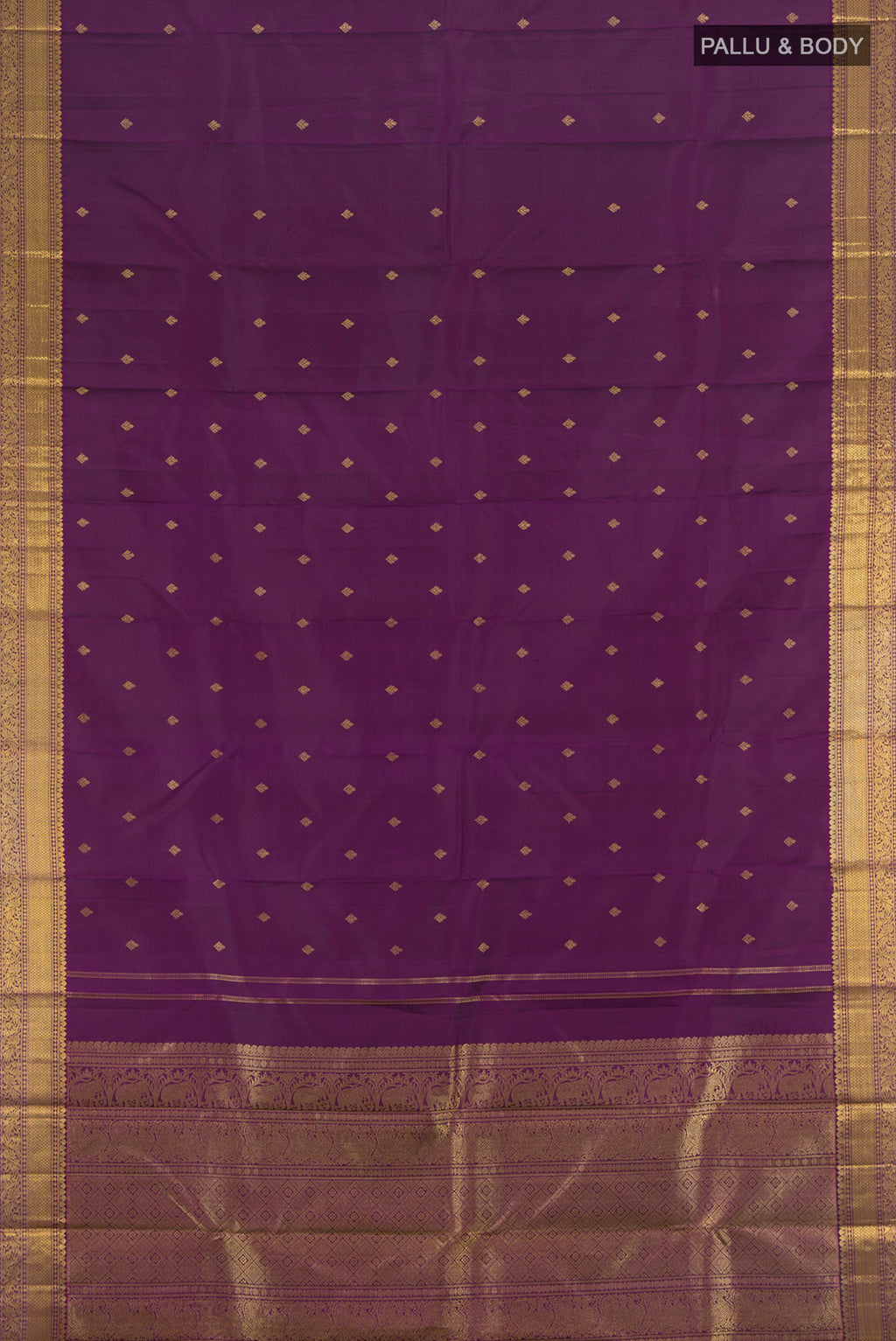 Flat view of Pure Silk Pure Zari Violet Kanjivaram Saree with Zari Butta on the body and Zari Border. 
