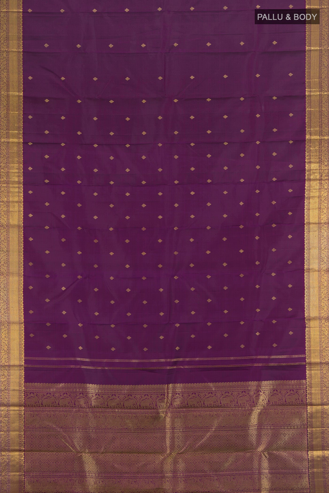 Flat view of Pure Silk Pure Zari Violet Kanjivaram Saree with Zari Butta on the body and Zari Border. 