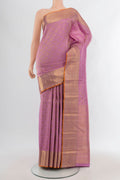Lavender Kanchipuram Silk Saree with Zari Brocade on the body and Zari Border.  displayed on a mannequin