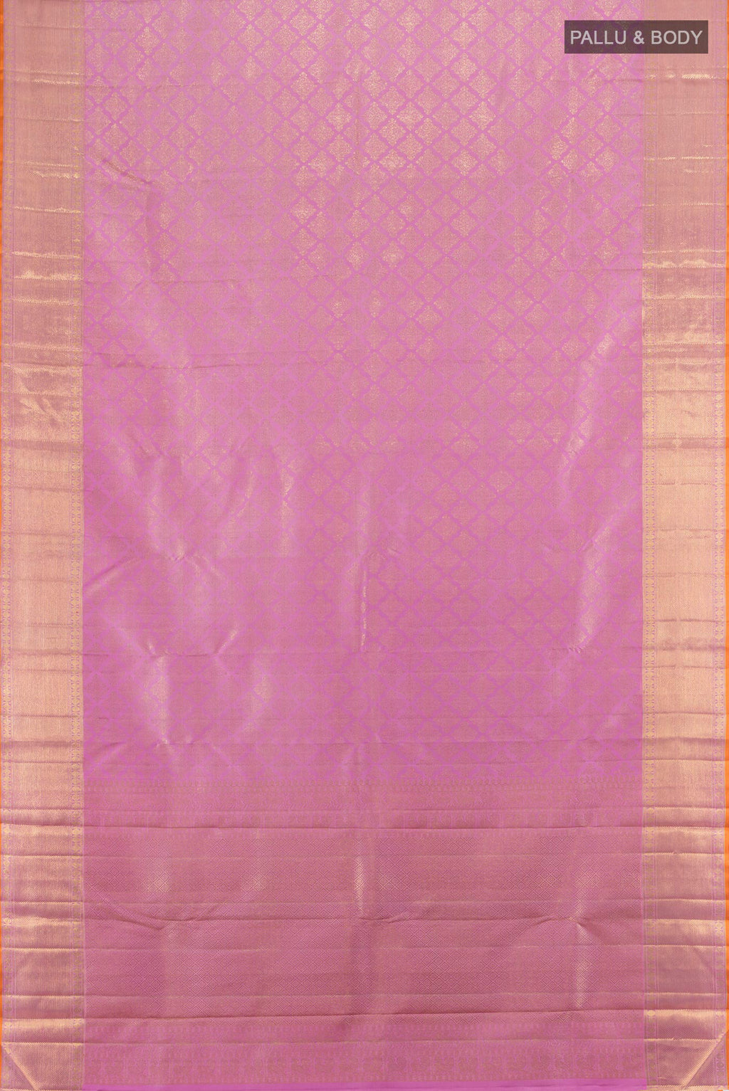 Flat view of Lavender Kanchipuram Silk Saree with Zari Brocade on the body and Zari Border. 