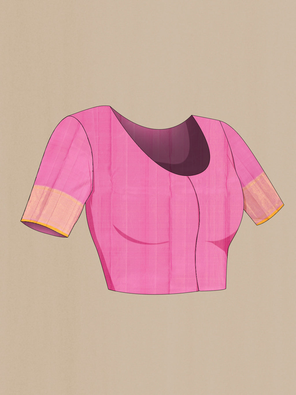 Close up image of the blouse of Rose pink Kanchipuram Silk Saree with Zari Brocade on the body and Zari Border. 