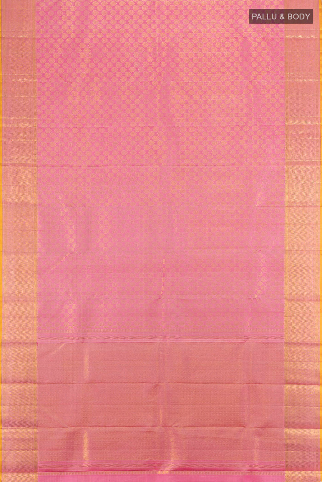 Flat view of Rose pink Kanchipuram Silk Saree with Zari Brocade on the body and Zari Border. 
