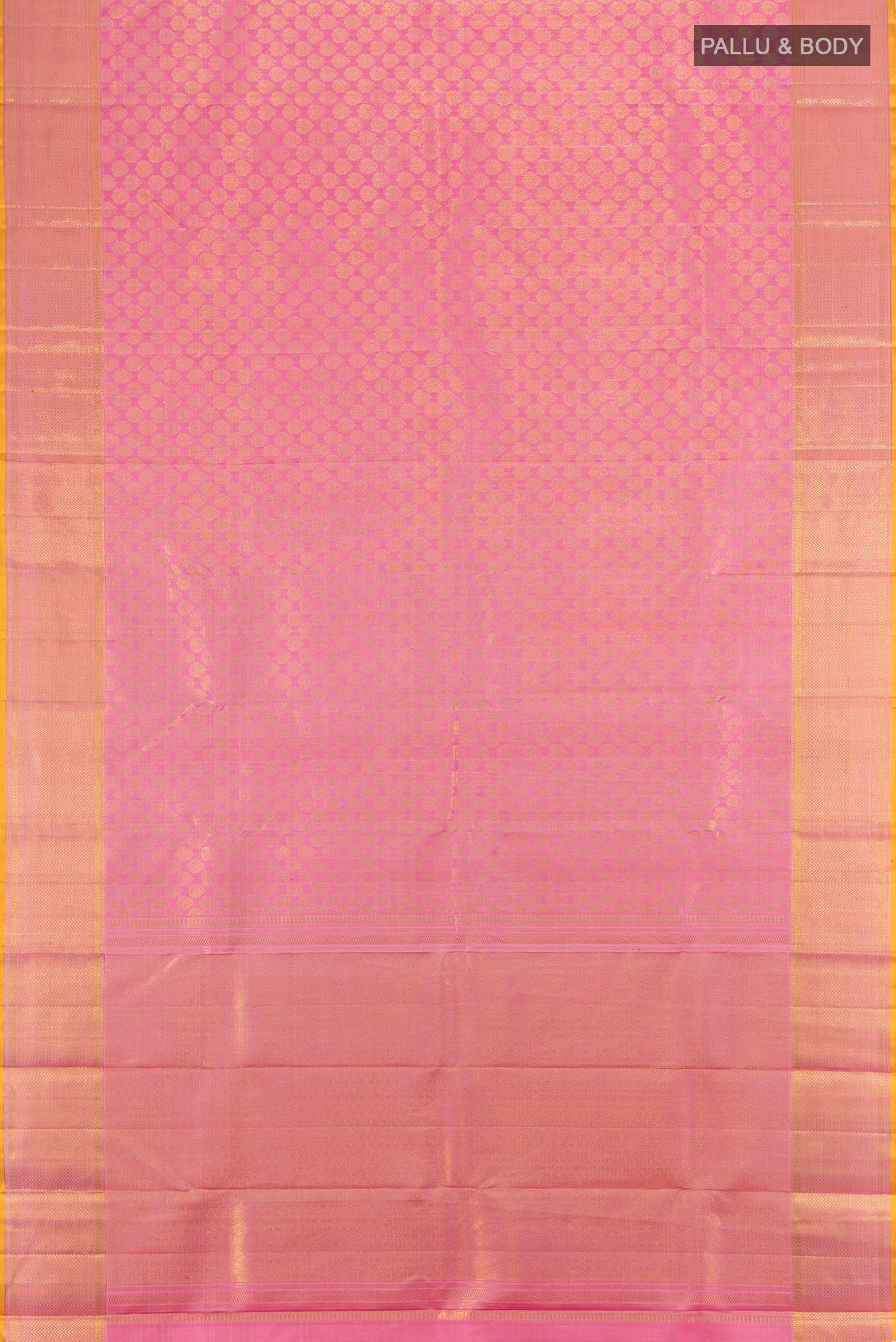 Flat view of Rose pink Kanchipuram Silk Saree with Zari Brocade on the body and Zari Border. 