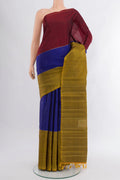 Pure Silk Pure Zari Dark Blue Kanjivaram Saree with Zari Butta on the body and Ganga Jamuna Border.  displayed on a mannequin