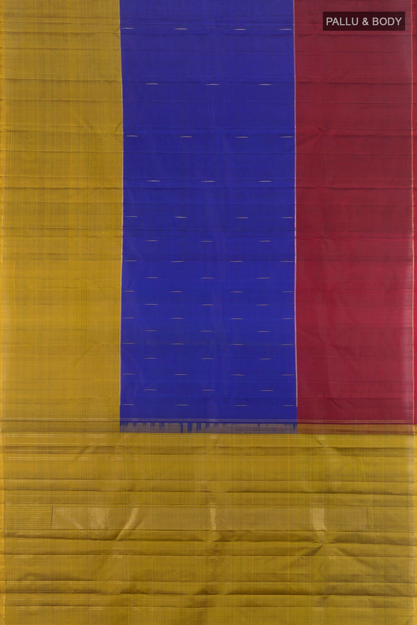 Flat view of Pure Silk Pure Zari Dark Blue Kanjivaram Saree with Zari Butta on the body and Ganga Jamuna Border. 
