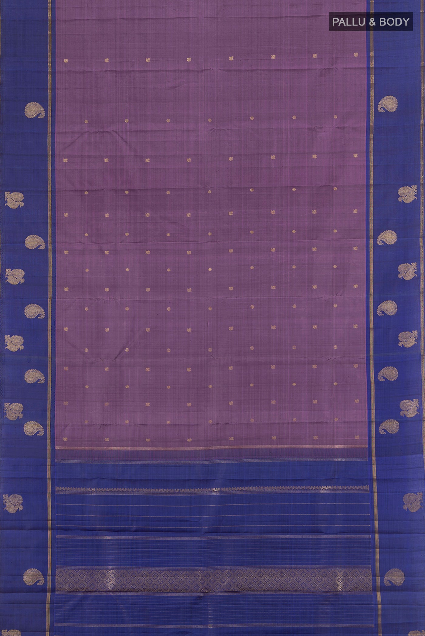 Flat view of Pure Silk Pure Zari Violet Kanjivaram Saree with Zari Butta on the body and Plain Border. 