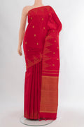 Red Kanchipuram Silk Saree with Zari Butta on the body and Temple Border.  displayed on a mannequin