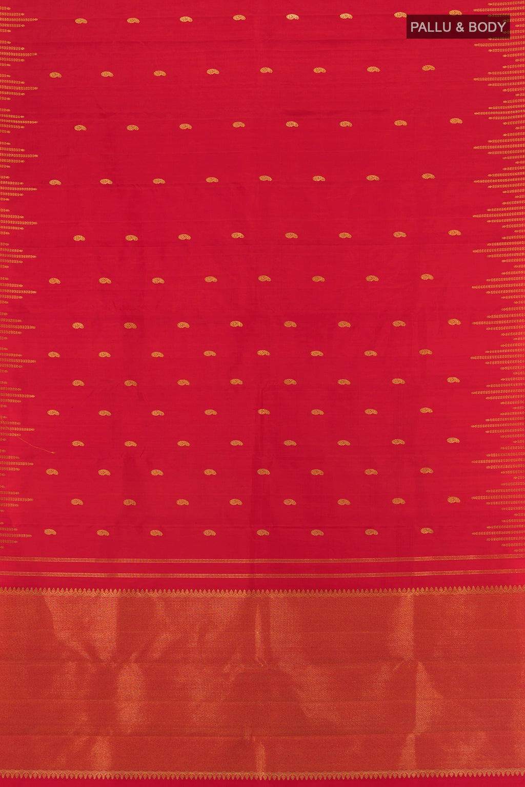 Flat view of Red Kanchipuram Silk Saree with Zari Butta on the body and Temple Border. 