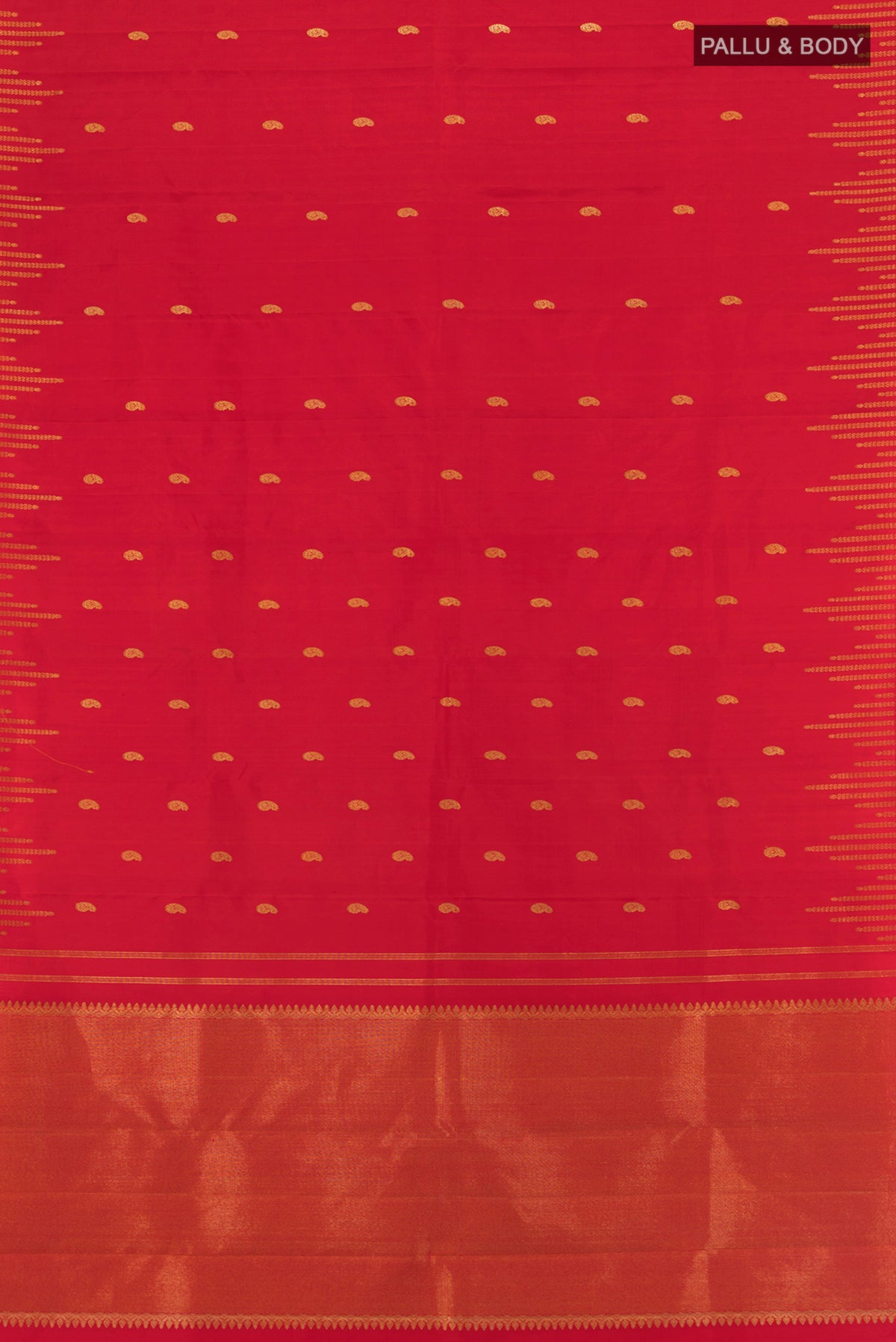 Flat view of Red Kanchipuram Silk Saree with Zari Butta on the body and Temple Border. 
