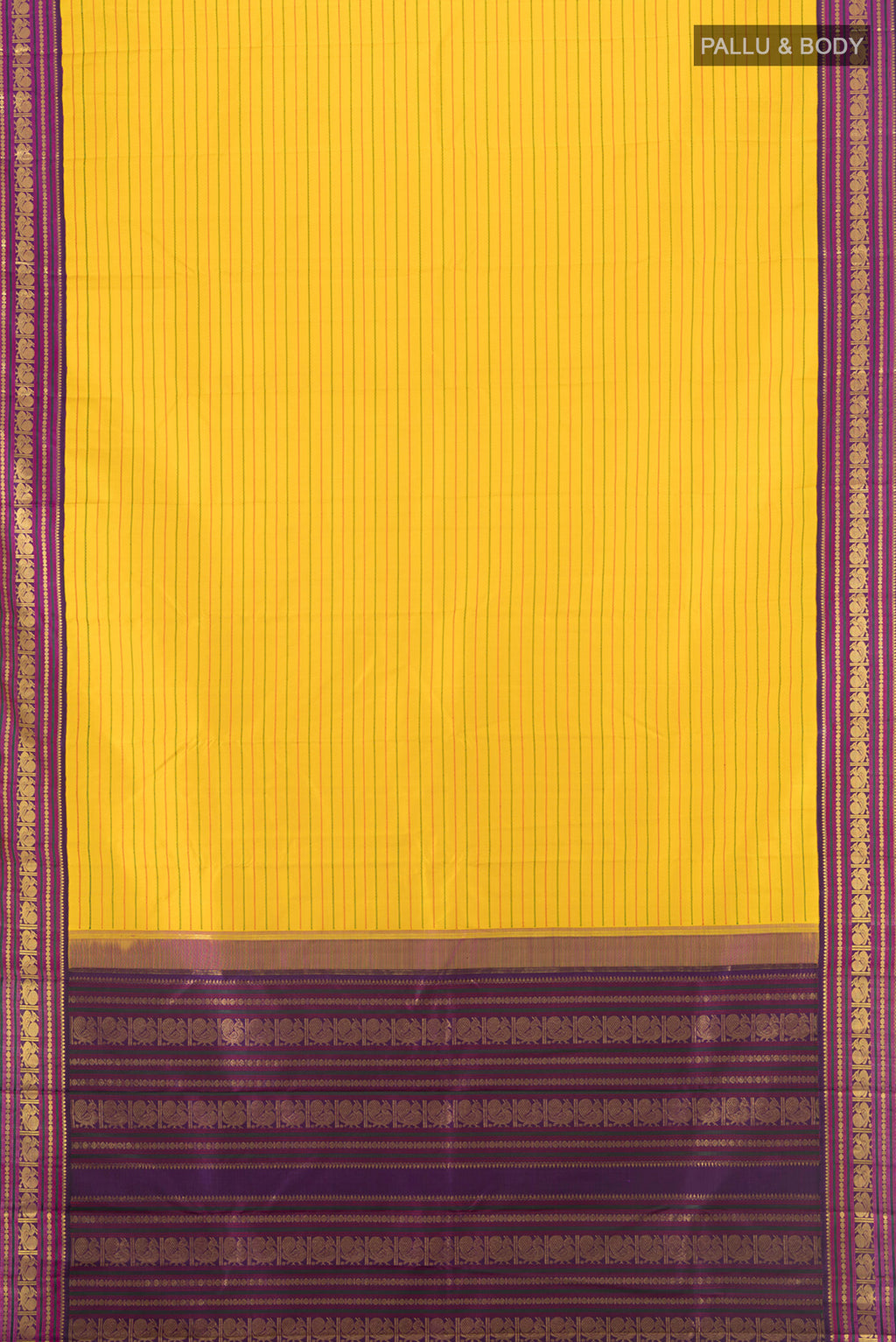 Flat view of Yellow Kanjivaram Silk Saree with Stripes on the body and Zari Border. 