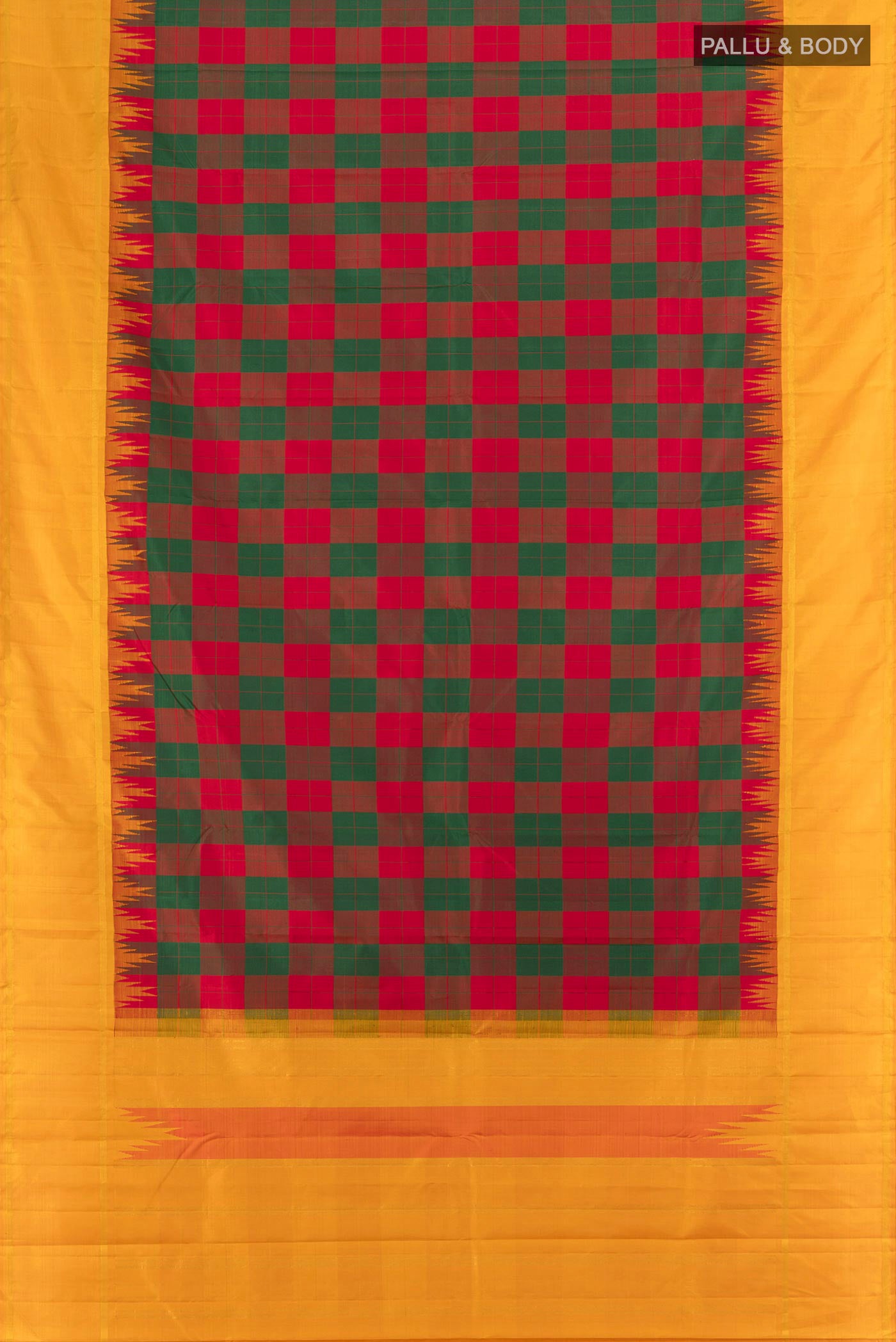 Flat view of Multi Color Kanjivaram Silk Saree with Checked design on the body and Plain Border. 