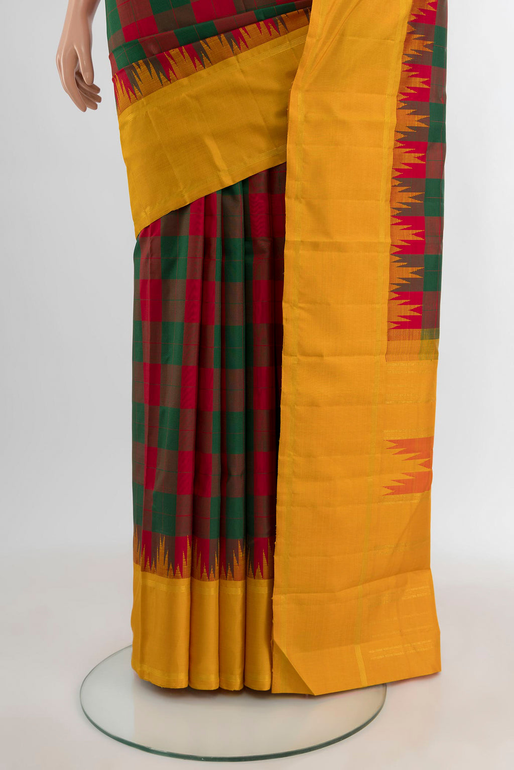 Pleats and pallu of Multi Color Kanjivaram Silk Saree with Checked design on the body and Plain Border. 