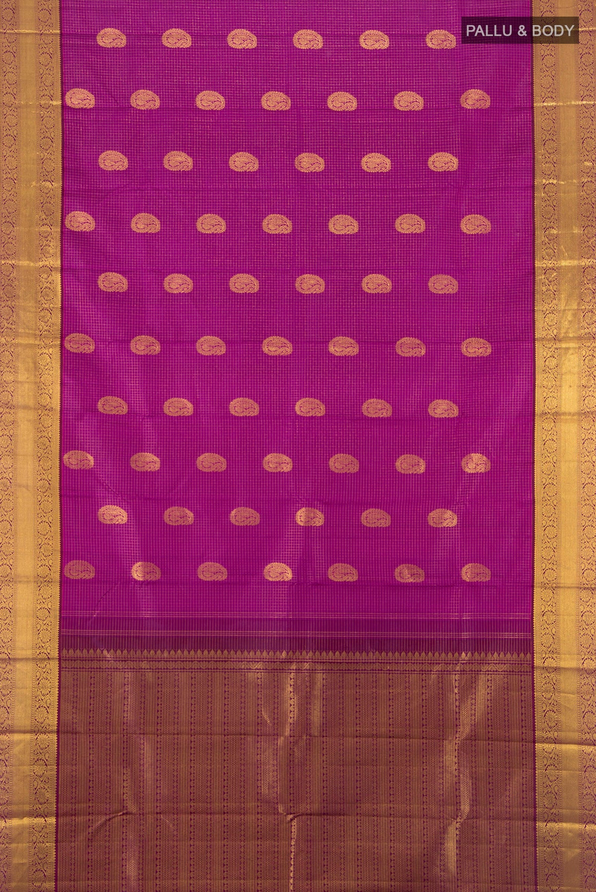 Flat view of Magenta Kanjivaram Silk Saree with Zari Butta on the body and Zari Border. 