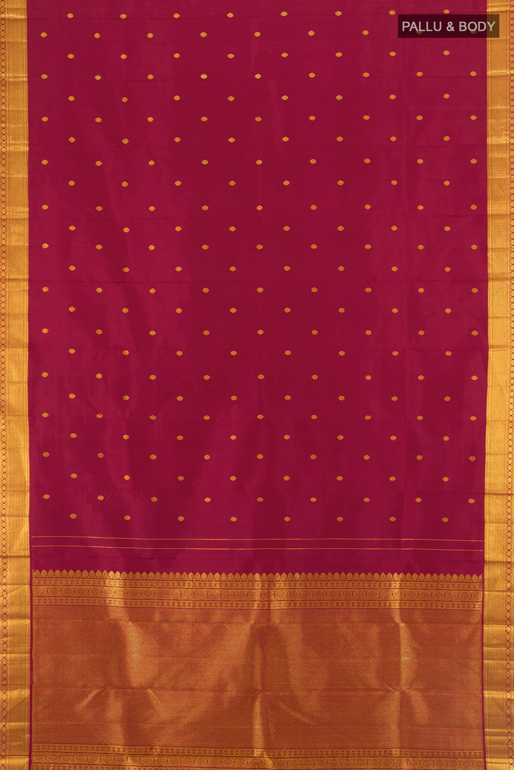 Flat view of Maroon Kanchipuram Silk Saree with Zari Butta on the body and Zari Border. 