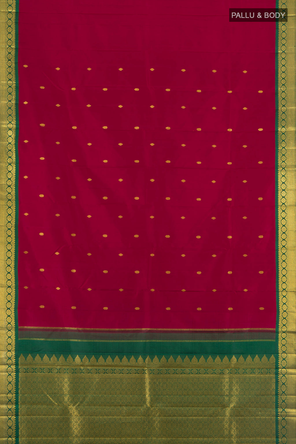 Flat view of Maroon Kanchipuram Silk Saree with Zari Butta on the body and Zari Border. 