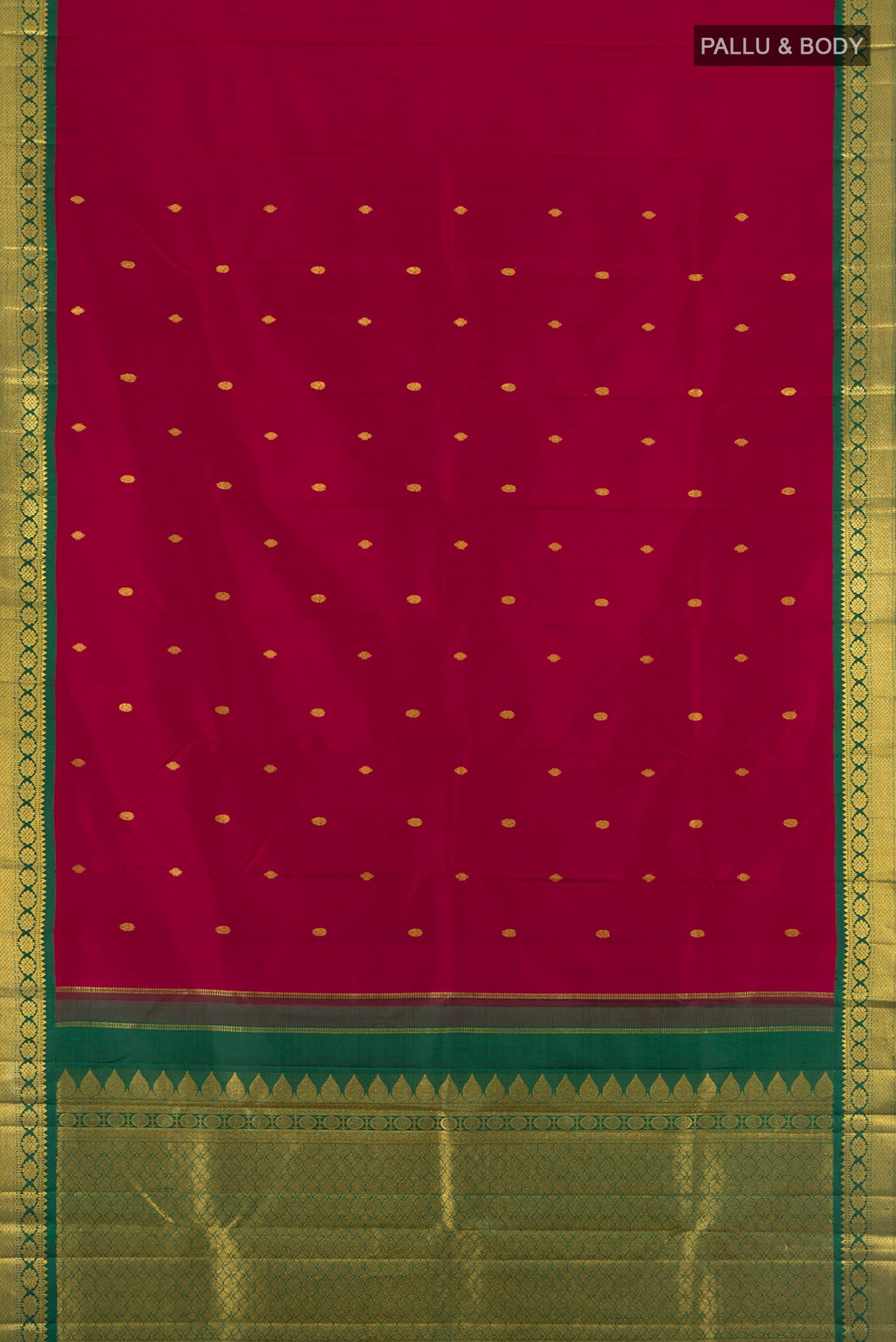 Flat view of Maroon Kanchipuram Silk Saree with Zari Butta on the body and Zari Border. 