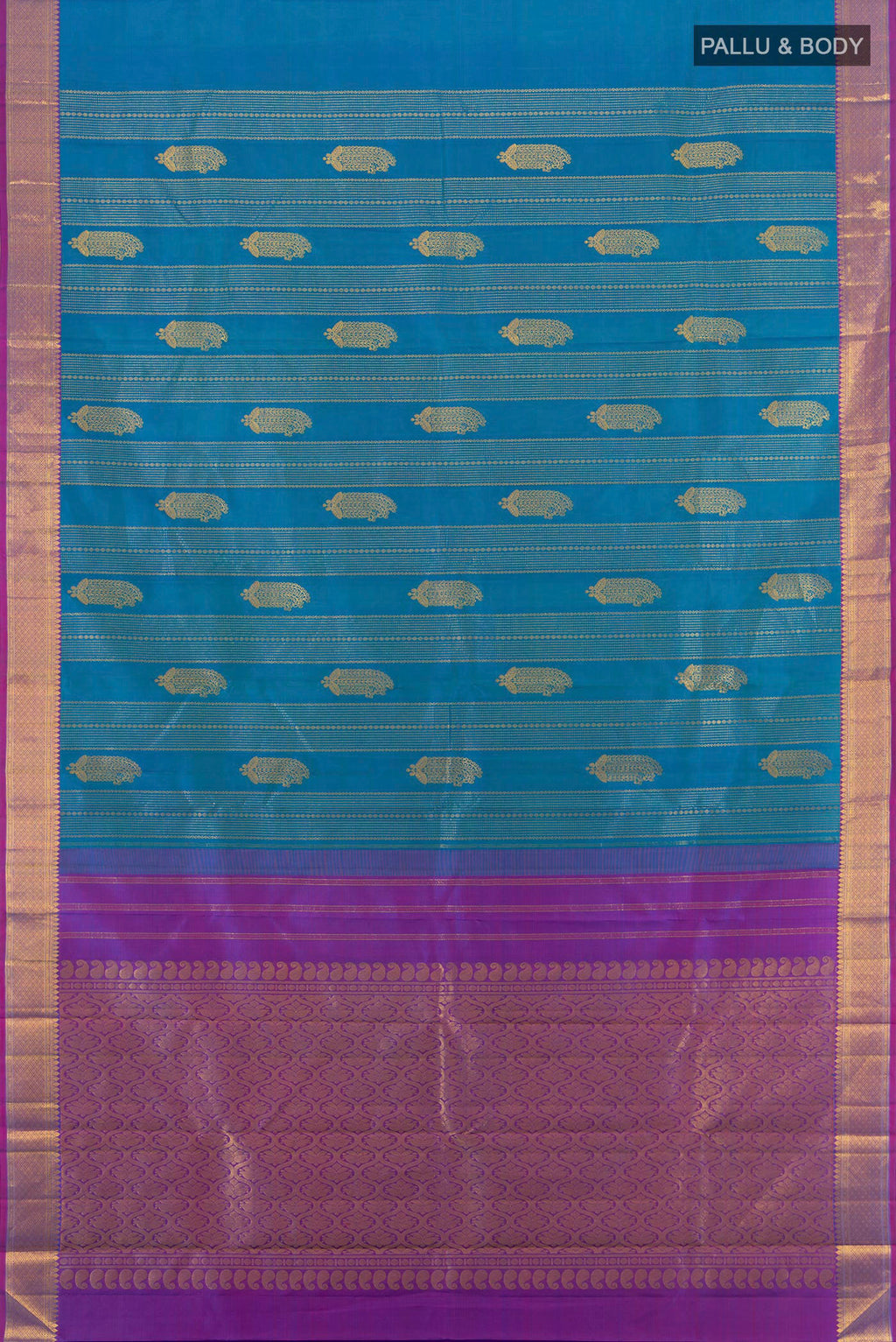 Flat view of Blue Kanjivaram Silk Saree with Zari Butta on the body and Zari Border. 