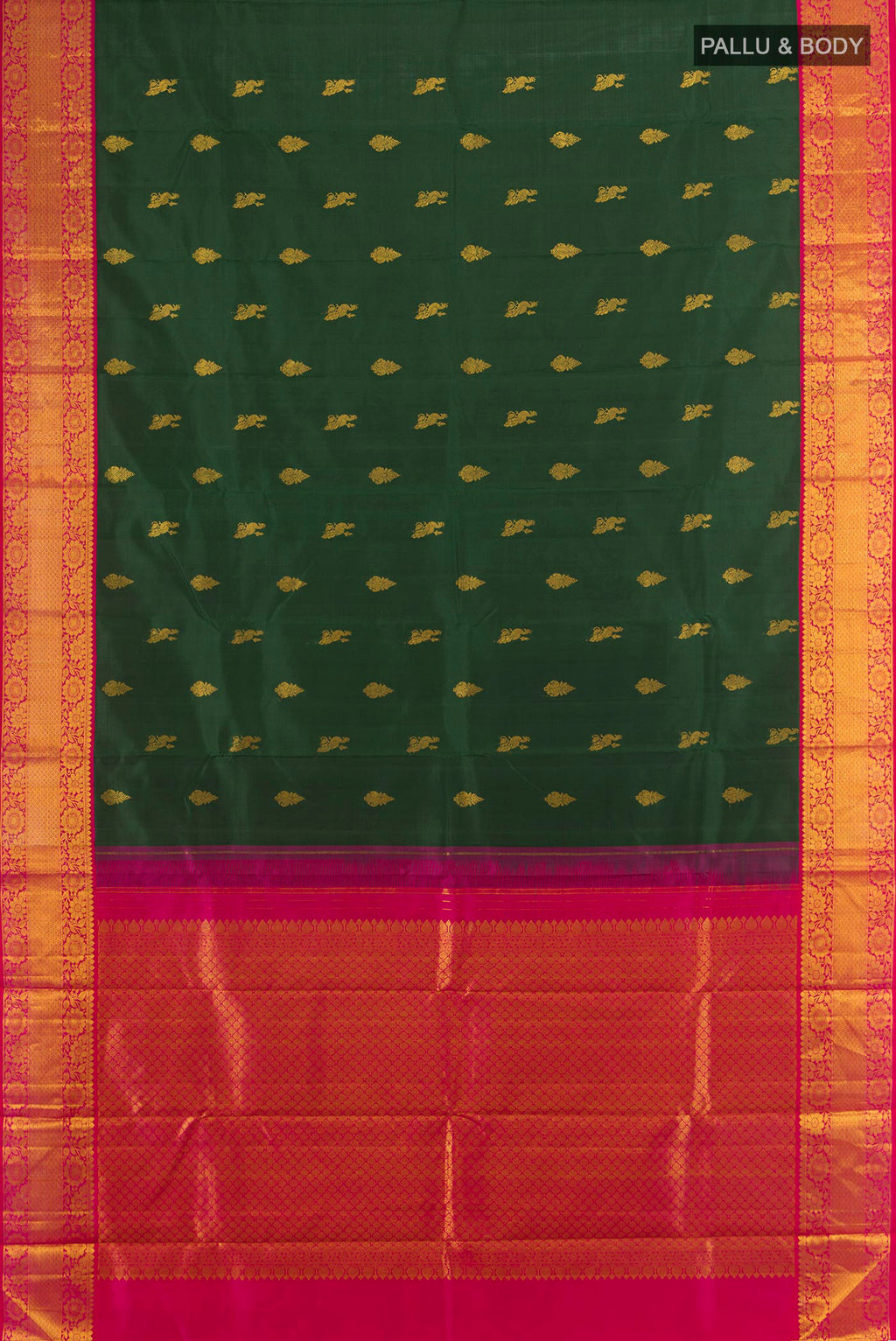 Flat view of Pure Silk Bottle Green Kanjivaram Saree with Zari Butta on the body and Zari Border. 