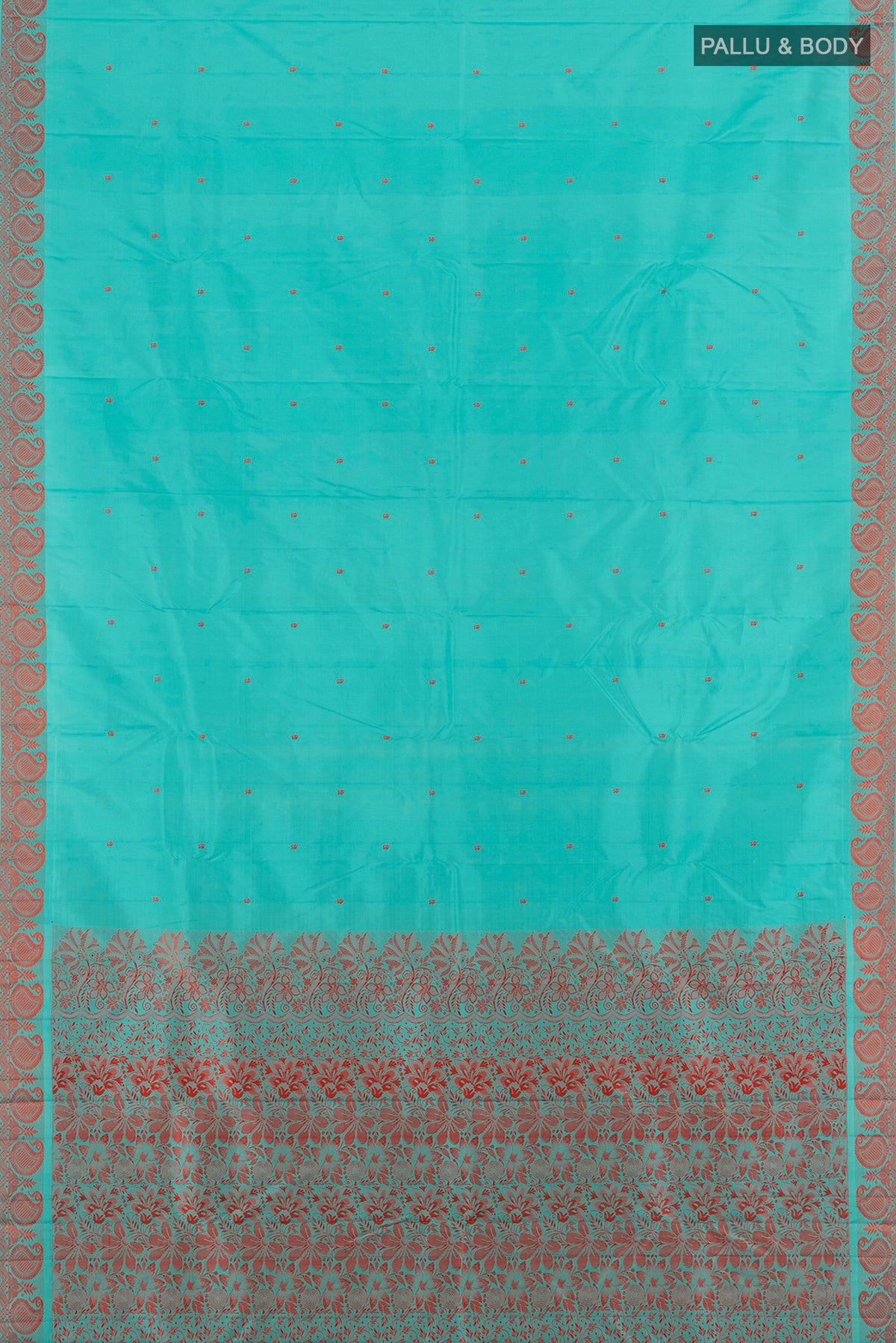 Flat view of Sky Blue Kanjivaram Silk Saree with Thread Butta on the body and Thread Border. 