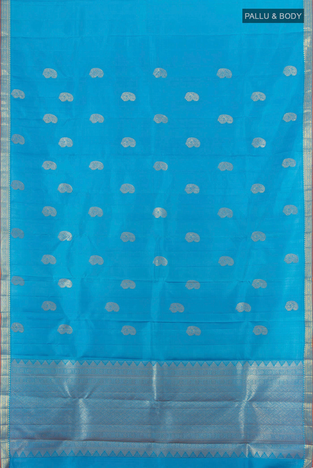 Flat view of Blue Kanchipuram Silk Saree with Zari Butta on the body and Zari Border. 