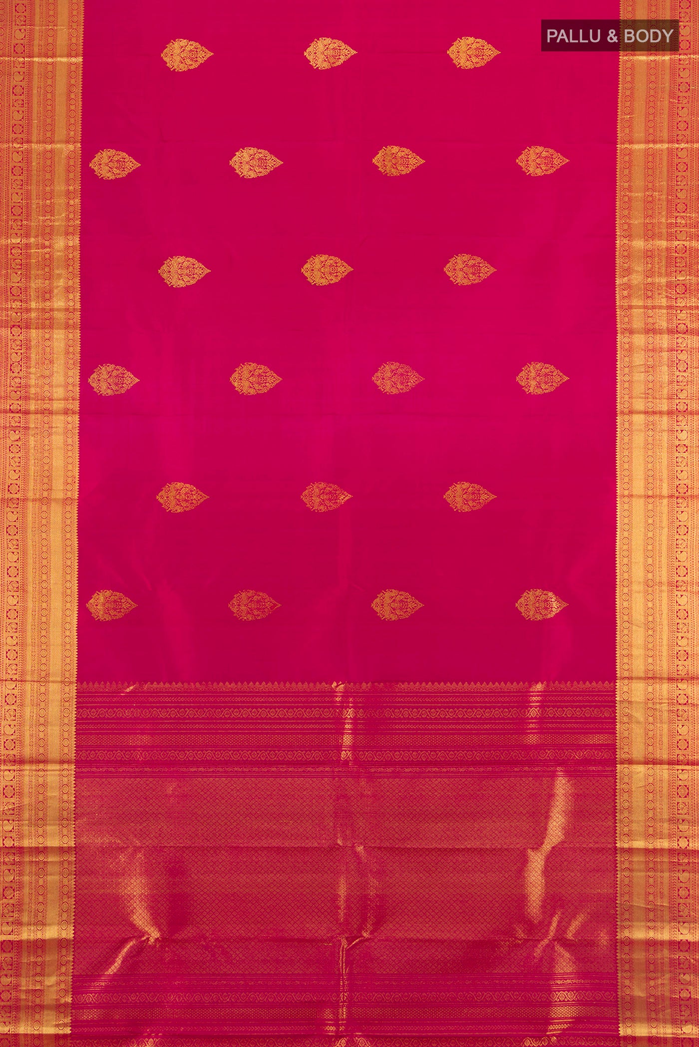 Flat view of Dark Pink Kanjivaram Silk Saree with Zari Butta on the body and Zari Border. 