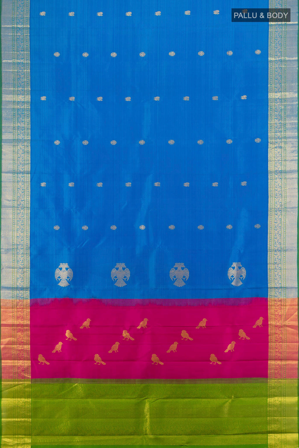 Flat view of Pure Silk Pure Zari Light Blue Kanchipuram Saree with Zari Butta on the body and Silk Border. 