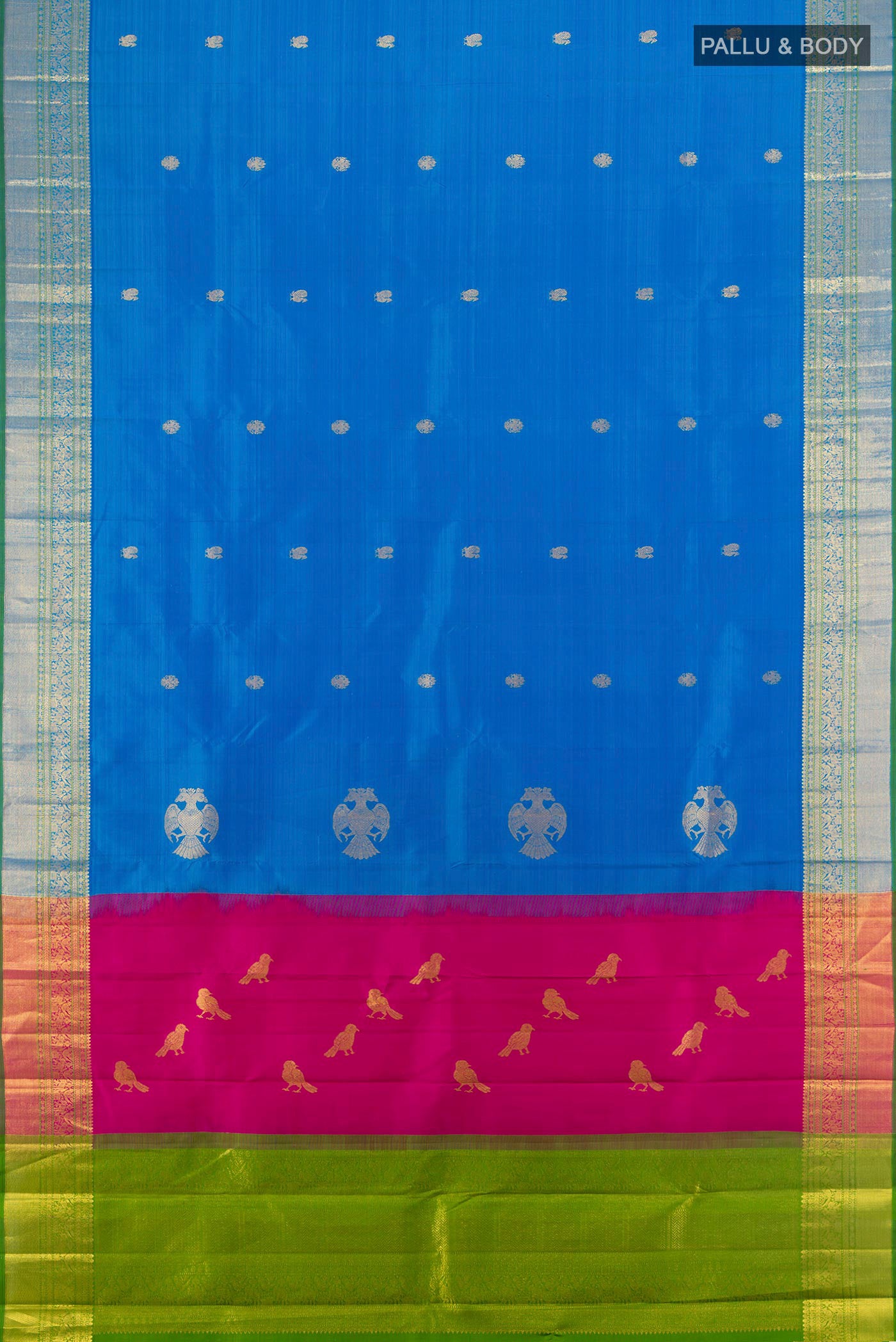 Flat view of Pure Silk Pure Zari Light Blue Kanchipuram Saree with Zari Butta on the body and Silk Border. 