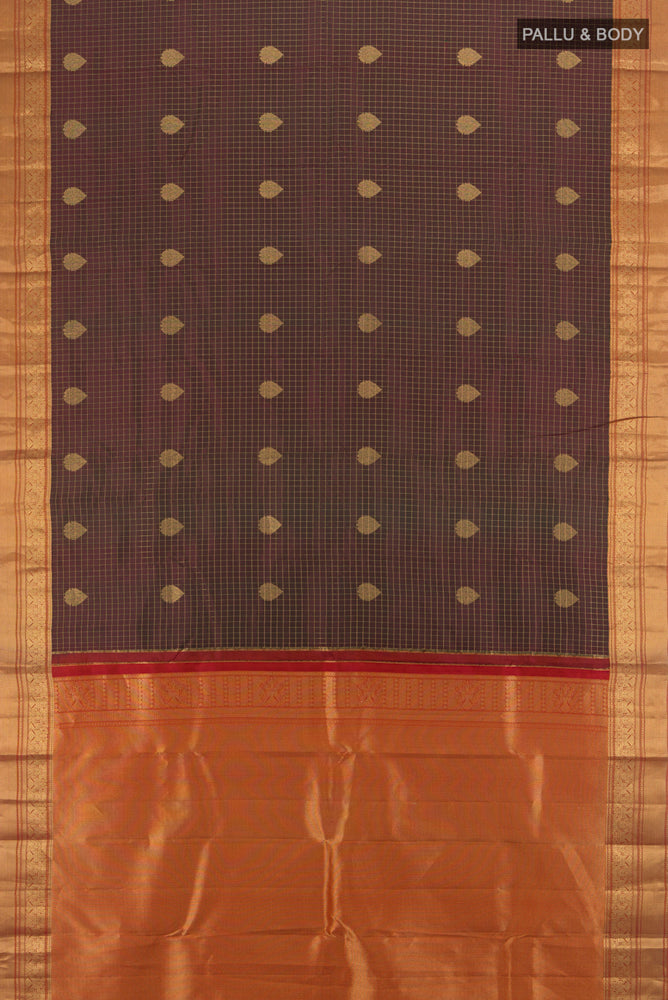 Flat view of Mehandi Green Kanjivaram Silk Saree with Zari Butta on the body and Silk Border. 
