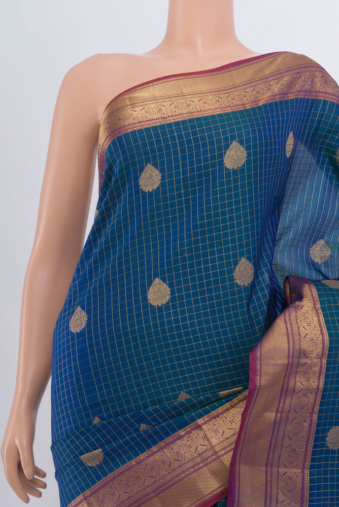 Border image of Peacock Blue Kanjivaram Silk Saree with Checked design on the body and Silk Border. 