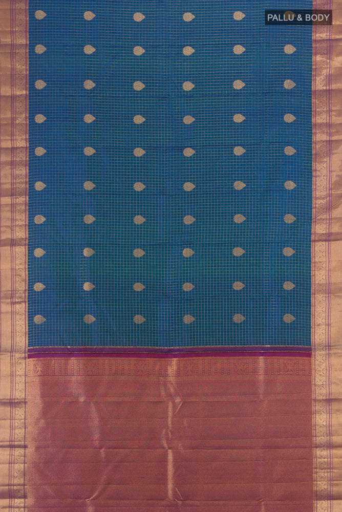 Flat view of Peacock Blue Kanjivaram Silk Saree with Checked design on the body and Silk Border. 