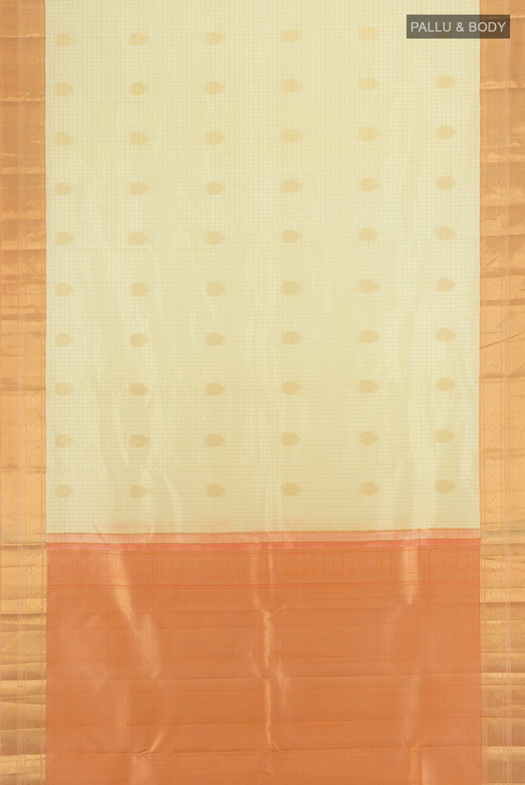 Flat view of Cream Kanjivaram Silk Saree with Checked design on the body and Zari Border. 