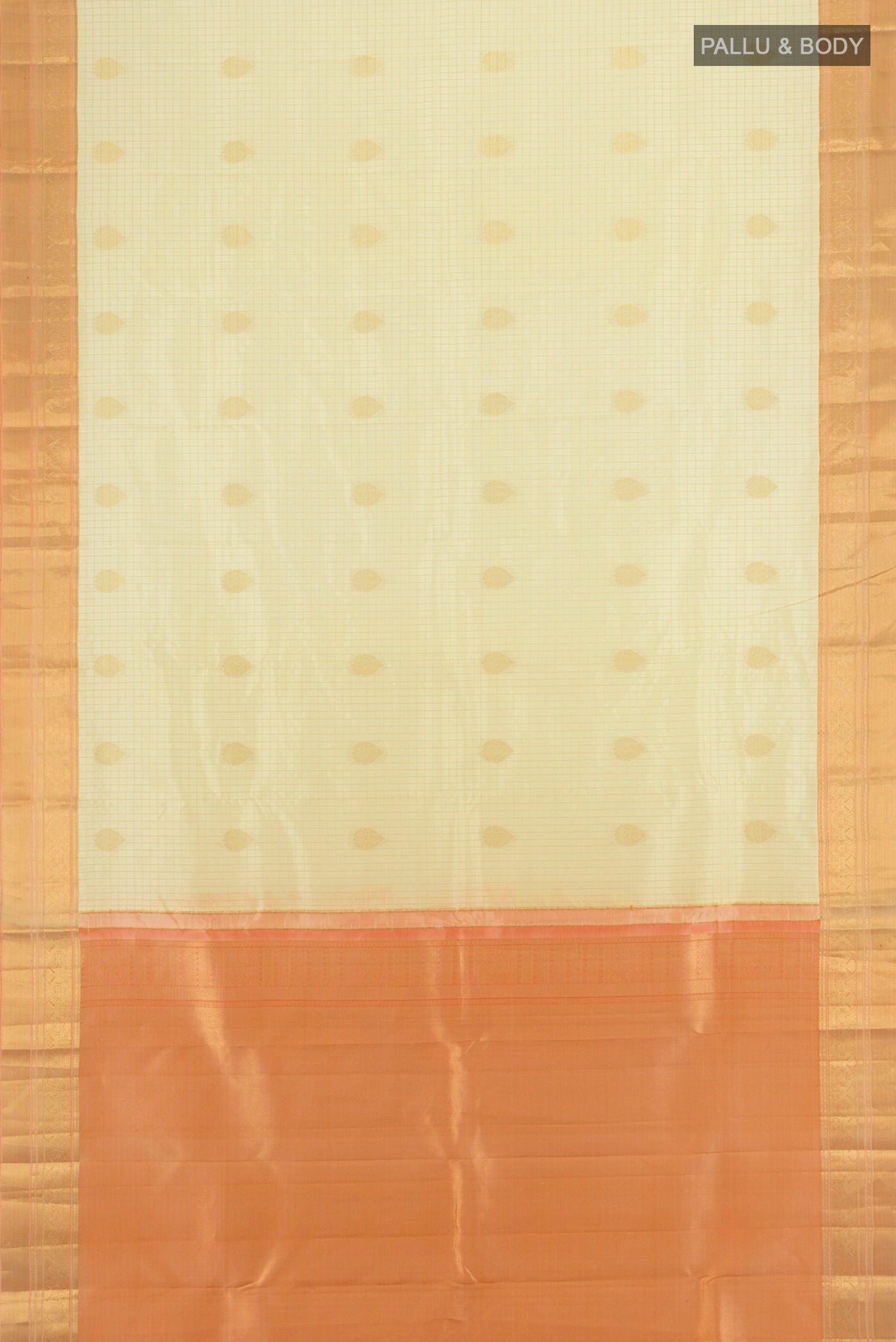 Flat view of Cream Kanjivaram Silk Saree with Checked design on the body and Zari Border. 