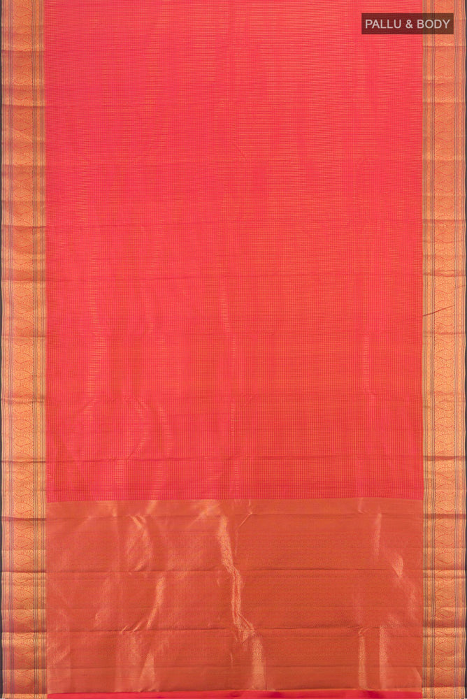 Flat view of Golden Peach Kanchipuram Silk Saree with Zari Butta on the body and Silk Border. 