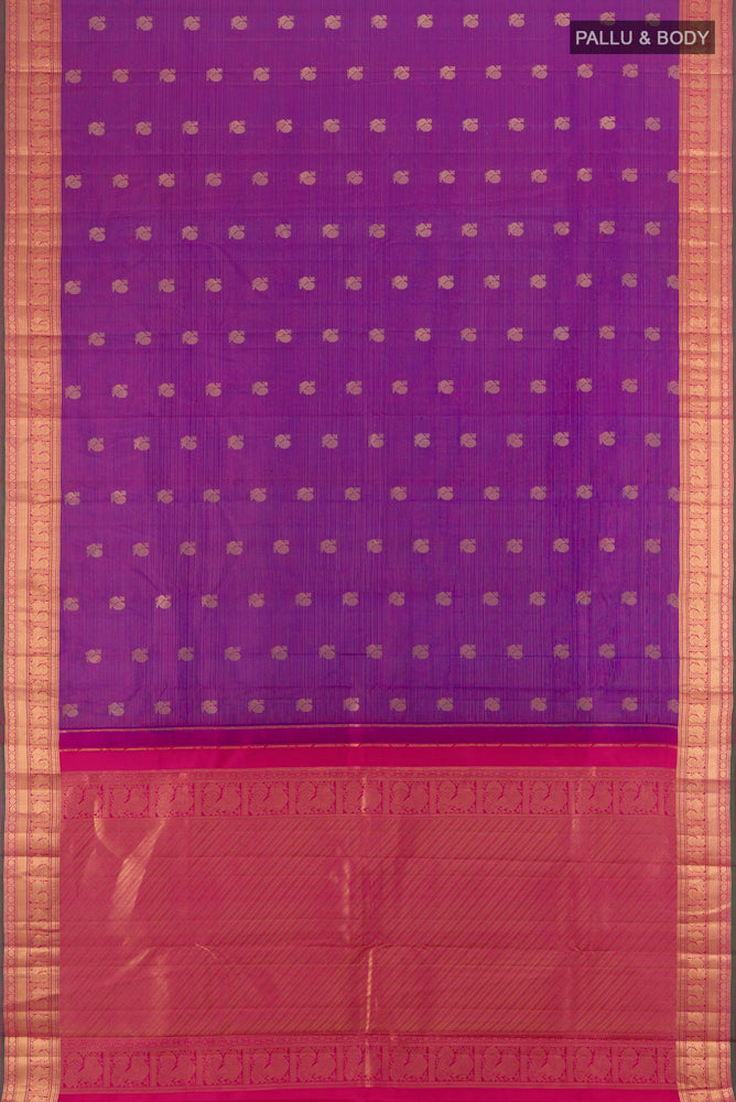 Flat view of Purple Kanchipuram Silk Saree with Zari Butta on the body and Silk Border. 