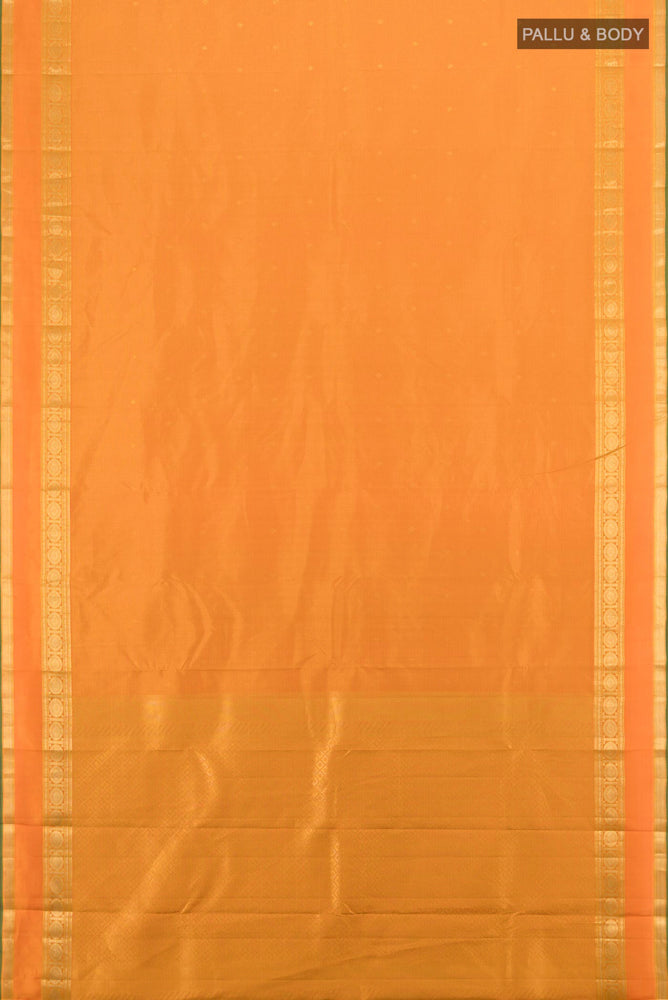 Flat view of Orange Kanjivaram Silk Saree with Zari Butta on the body and Silk Border. 