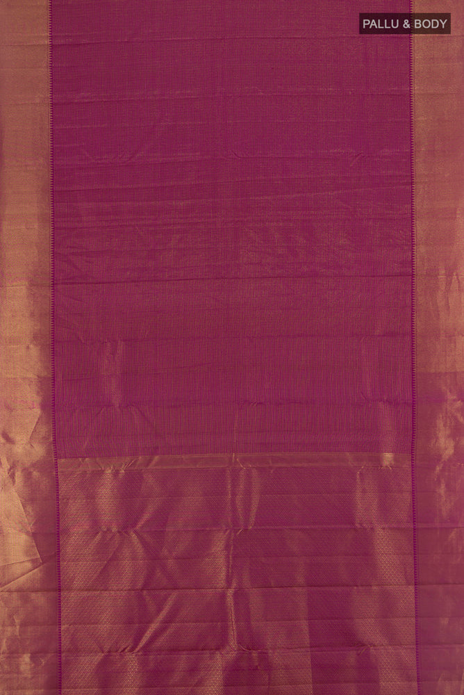 Flat view of Purple Kanchipuram Silk Saree with Zari Butta on the body and Silk Border. 