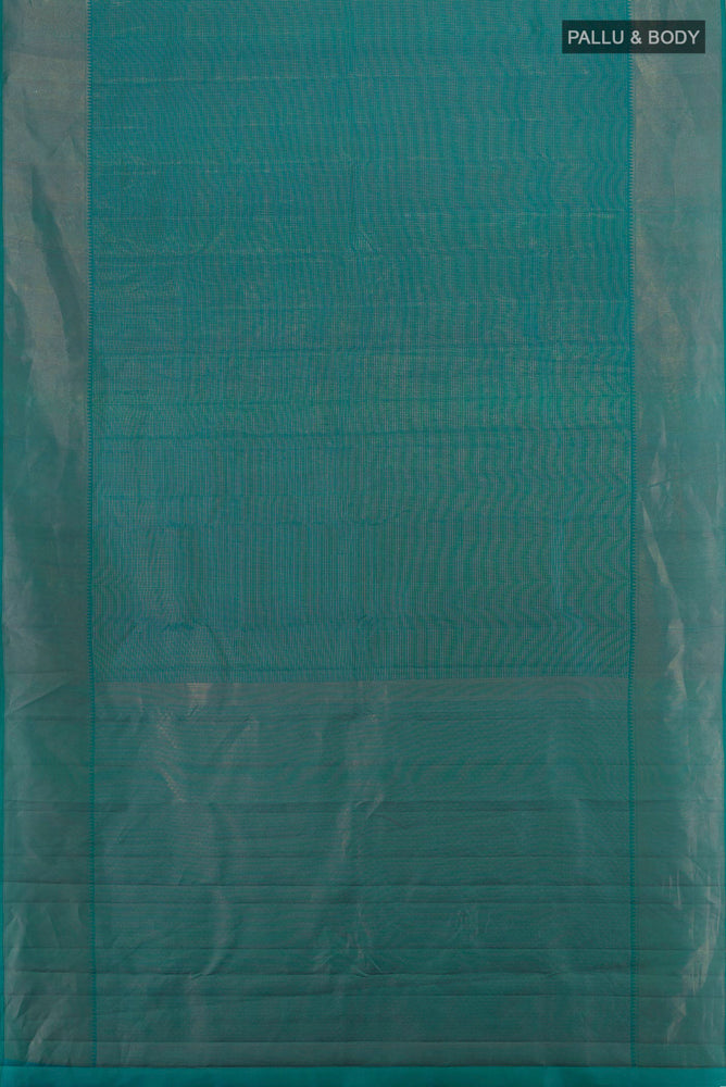 Flat view of Peacock Blue Kanchipuram Silk Saree with Zari Butta on the body and Silk Border. 