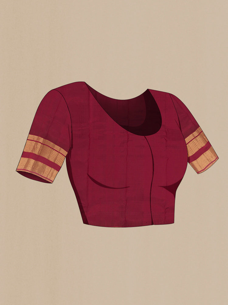 Close up image of the blouse of Magenta Kanjivaram Silk Saree with Zari Butta on the body and Silk Border. 