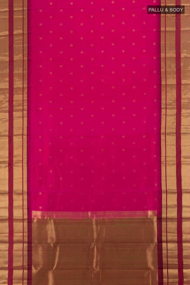 Flat view of Magenta Kanjivaram Silk Saree with Zari Butta on the body and Silk Border. 
