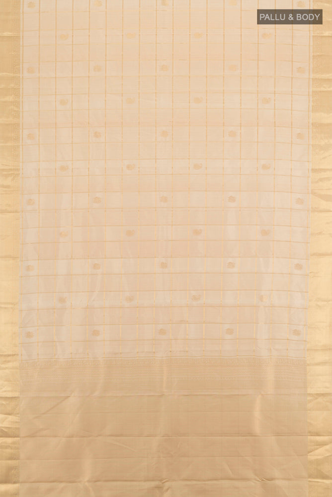 Flat view of Dark Beige Kanjivaram Silk Saree with Zari Butta on the body and Silk Border. 