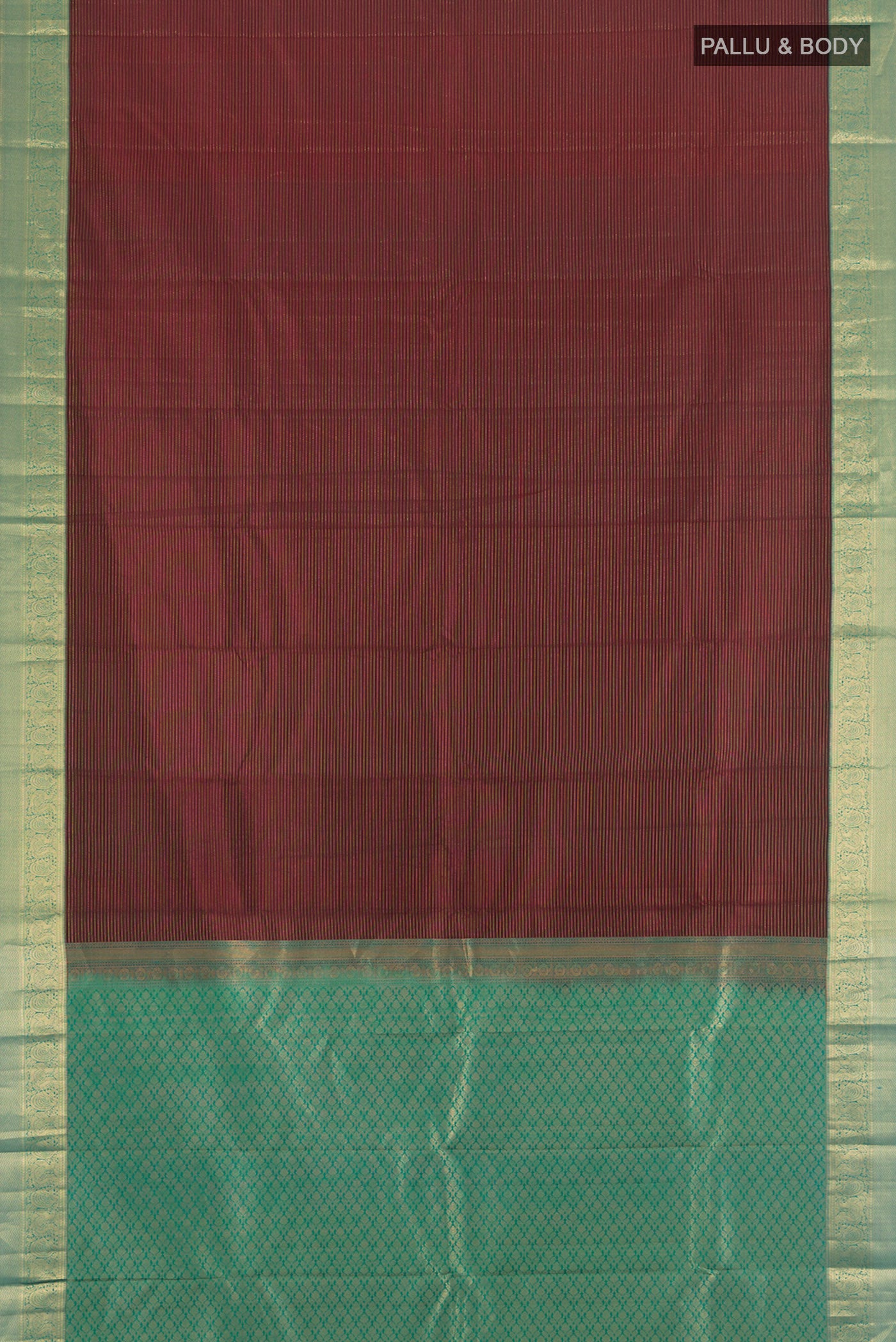 Flat view of Coffee Brown Kanchipuram Silk Saree with Zari Butta on the body and Silk Border. 