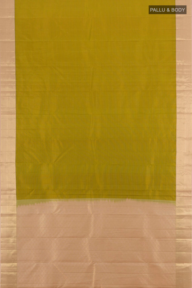Flat view of Mehandi Green Kanchipuram Silk Saree with Zari Butta on the body and Silk Border. 