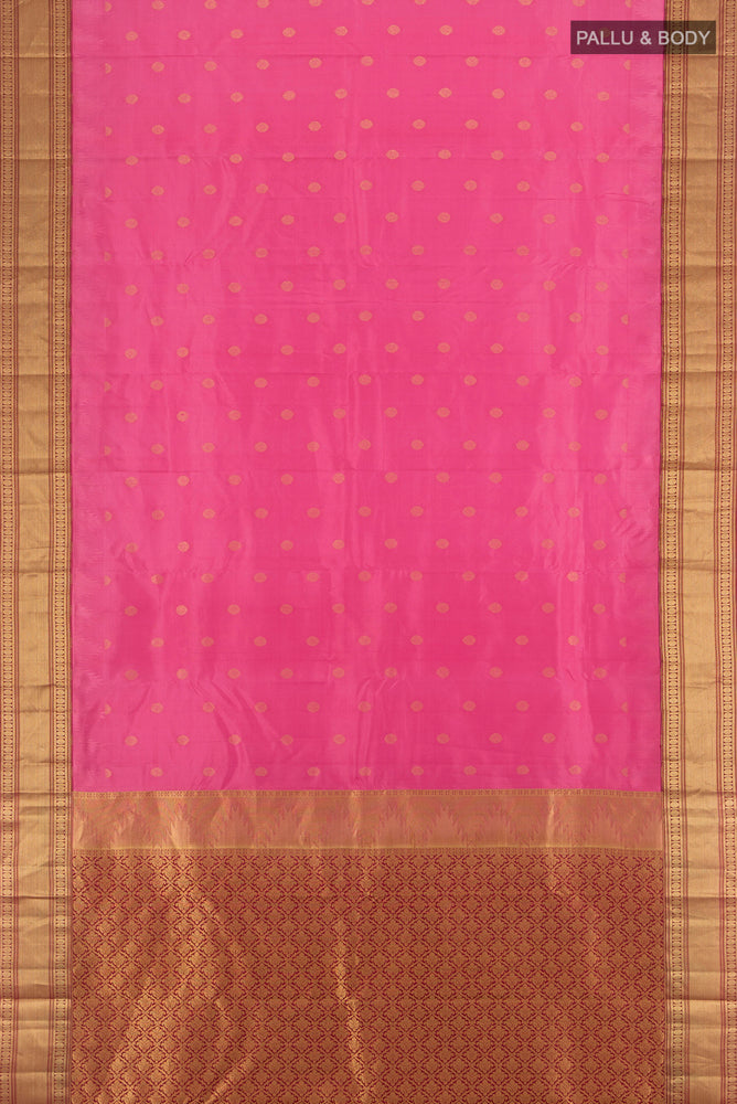 Flat view of Rose pink Kanchipuram Silk Saree with Zari Butta on the body and Silk Border. 
