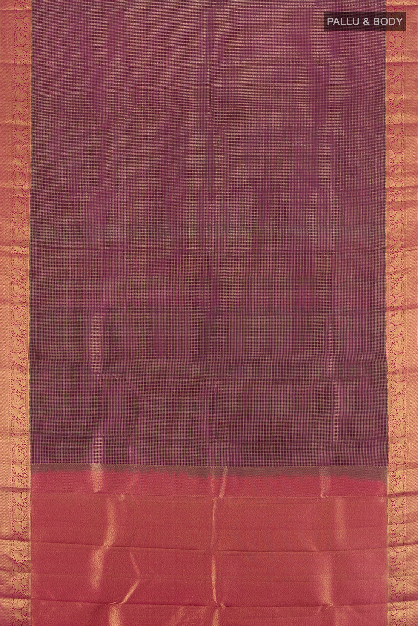 Flat view of Purple Kanchipuram Silk Saree with Checked design on the body and Zari Border. 