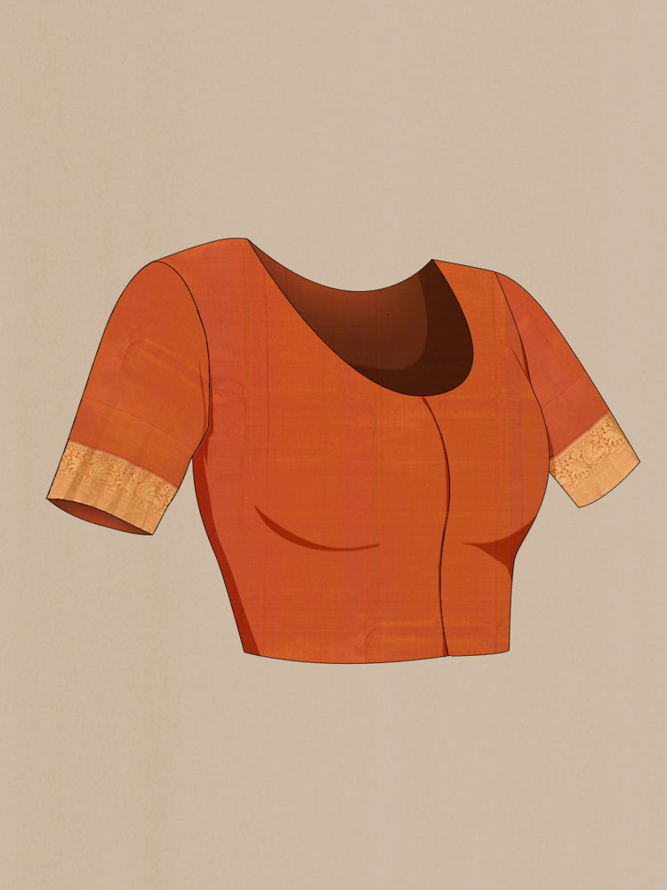 Close up image of the blouse of Mustard Kanchipuram Silk Saree with Zari Butta on the body and Silk Border. 