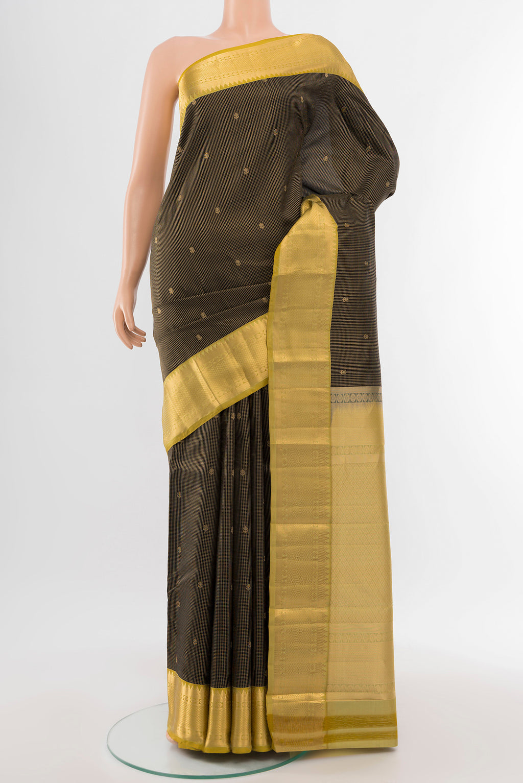 Pure Silk Pure Zari Coffee Brown Kanjivaram Saree with Zari Butta on the body and Silk Border.  displayed on a mannequin
