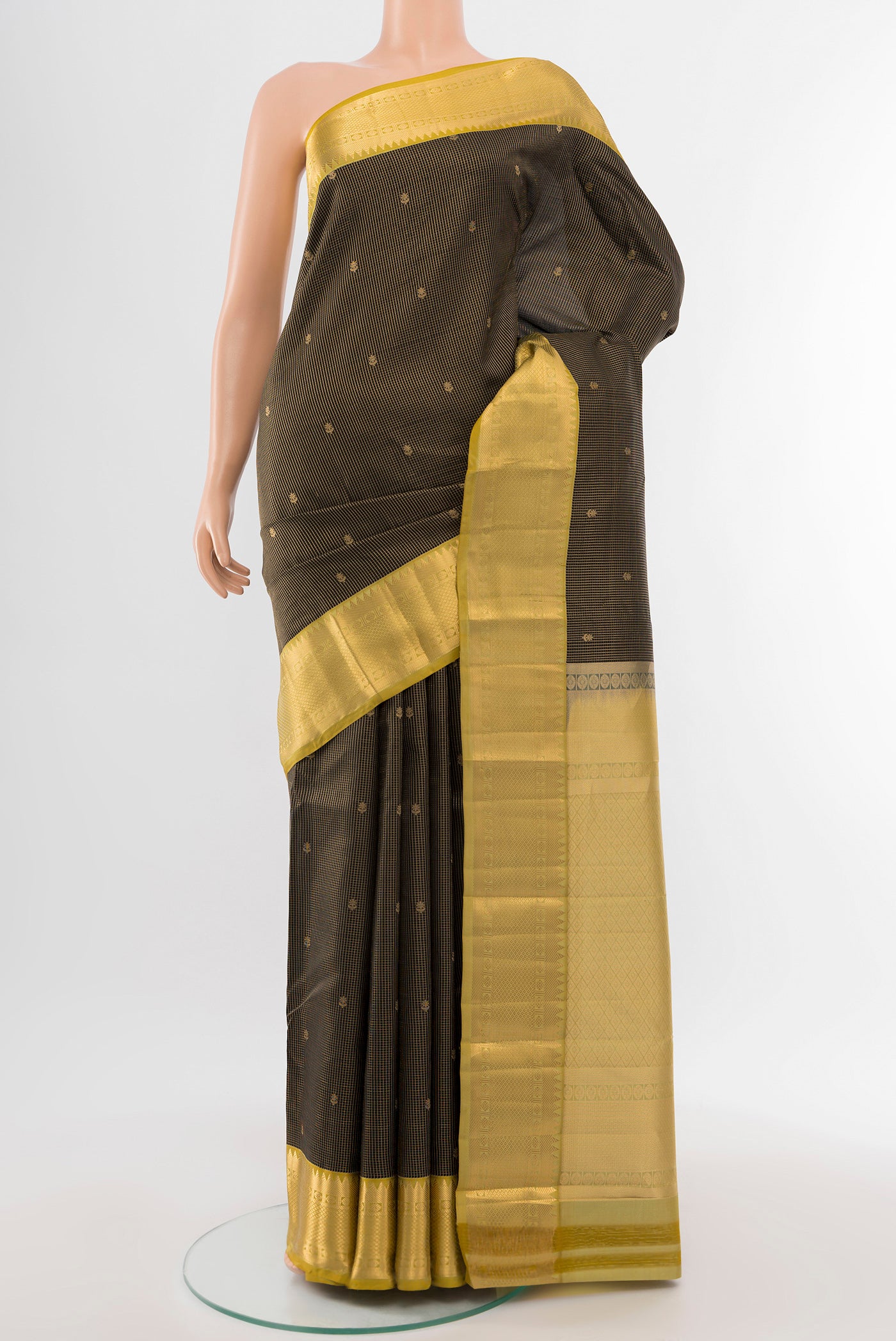 Pure Silk Pure Zari Coffee Brown Kanjivaram Saree with Zari Butta on the body and Silk Border.  displayed on a mannequin