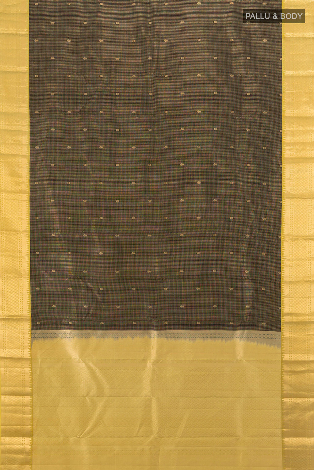 Flat view of Pure Silk Pure Zari Coffee Brown Kanjivaram Saree with Zari Butta on the body and Silk Border. 