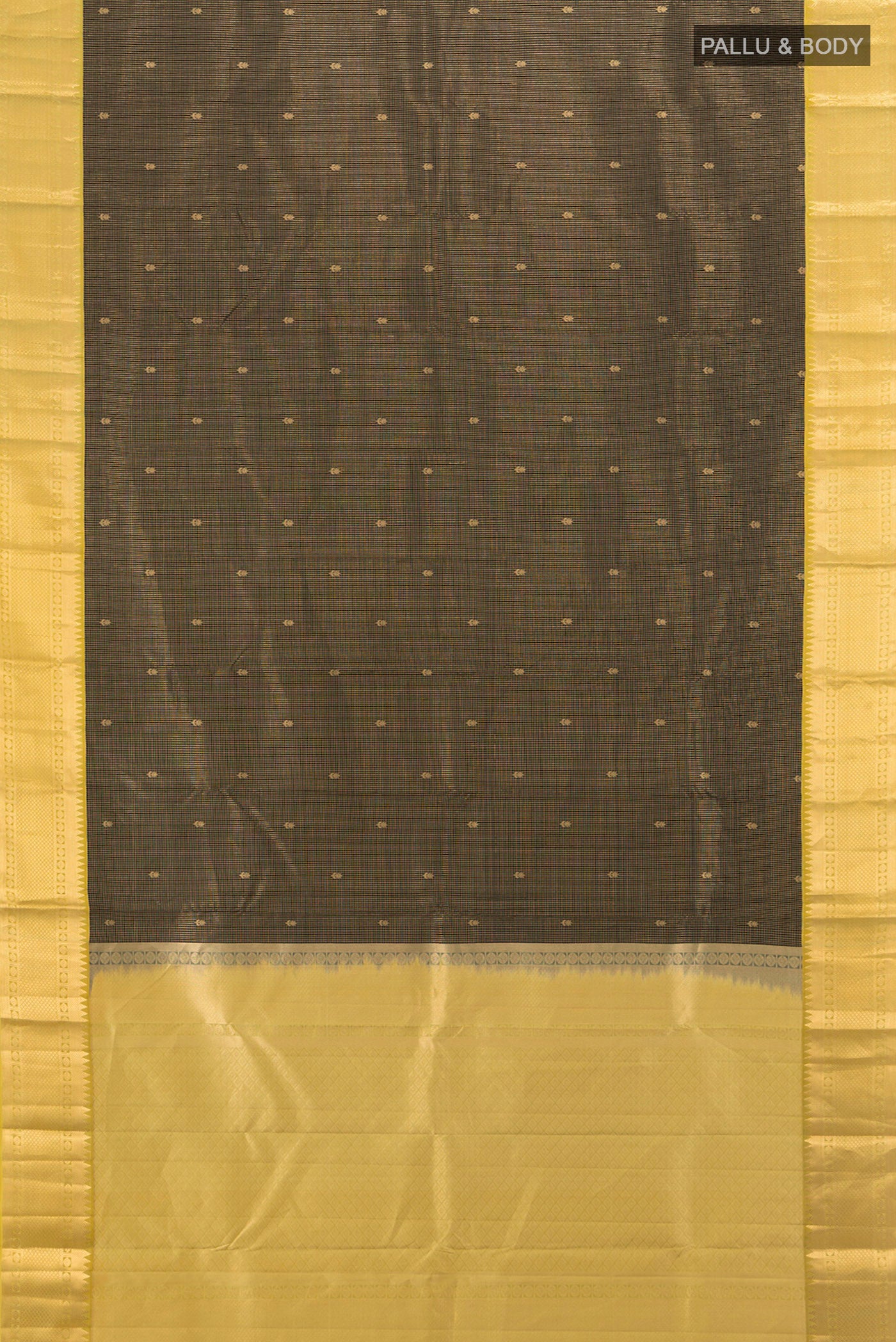 Flat view of Pure Silk Pure Zari Coffee Brown Kanjivaram Saree with Zari Butta on the body and Silk Border. 